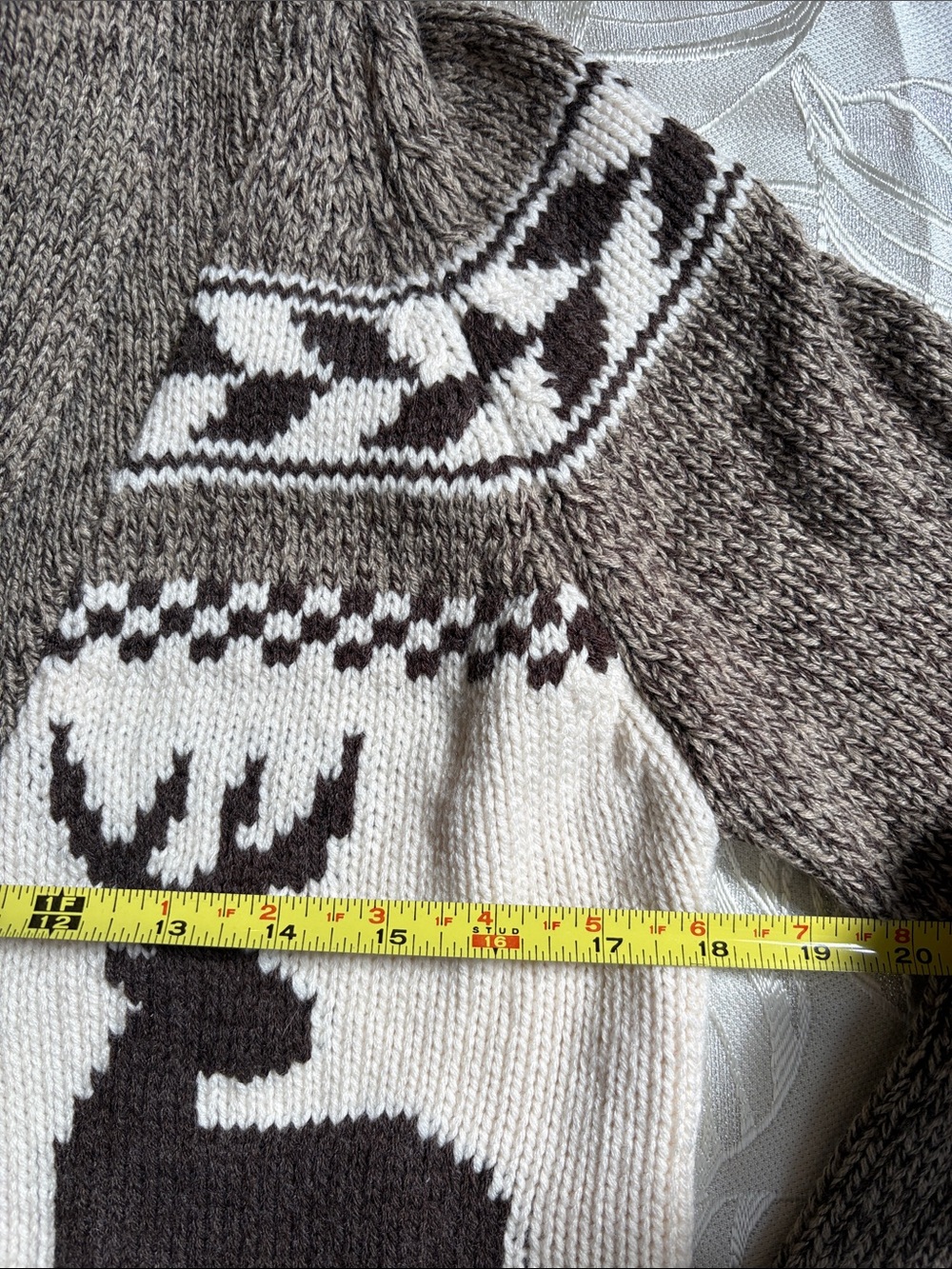 Bluenotes Brown and White Shawl Collar Reindeer Knit Cardigan - Women's Large - Picture 7 of 12